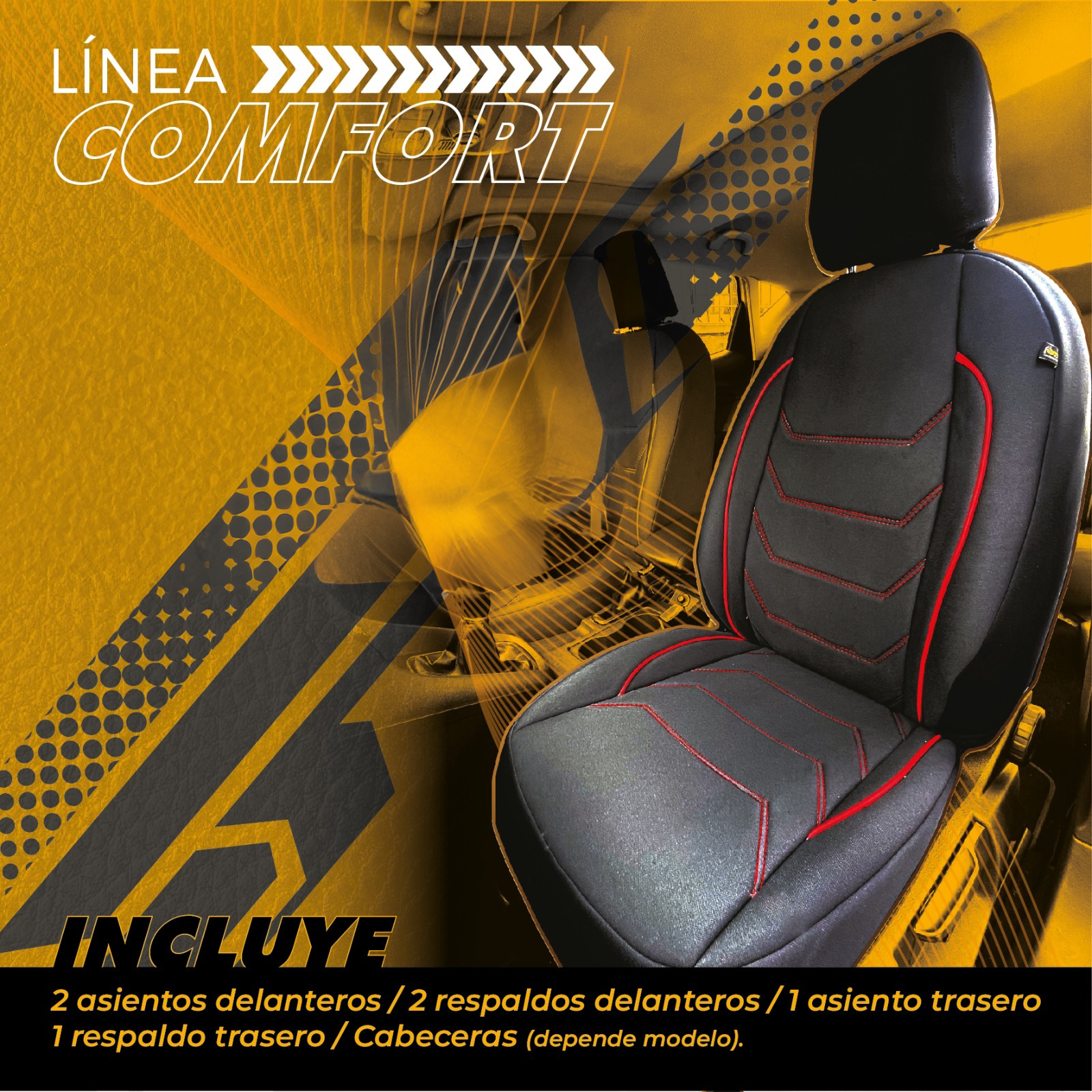 Línea Comfort - Cubreasientos tela automotriz negra y roja